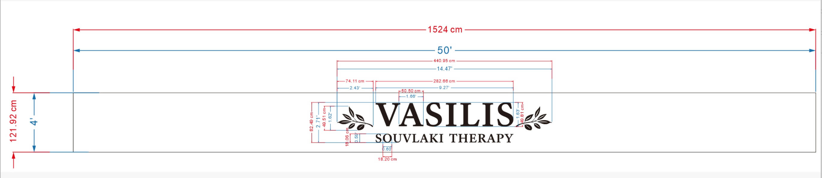 Technical CAD blueprint for custom backlit sign for restaurant showing letter dimensions