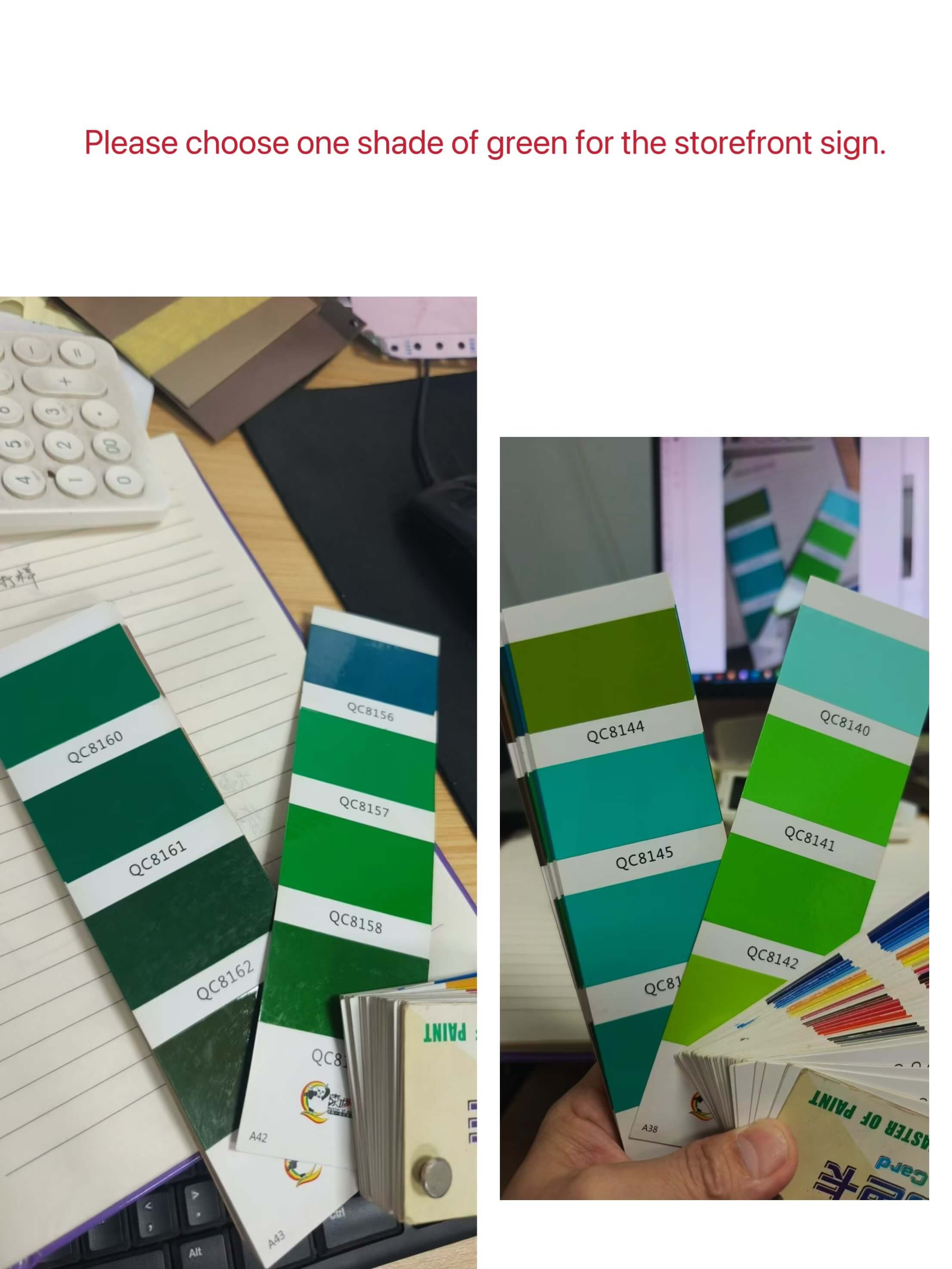 Physical color swatch selection for custom backlit sign for restaurant leaves