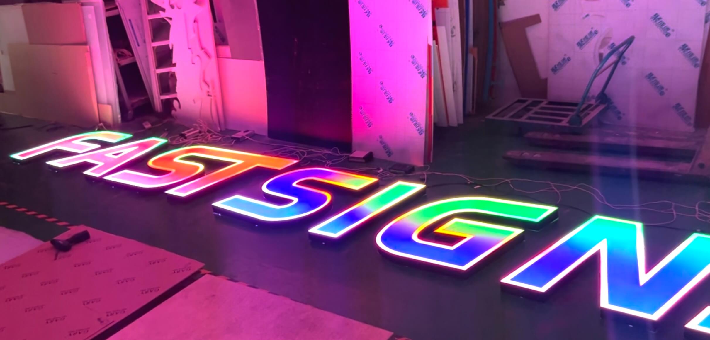Pre-shipment inspection of finished dynamic RGB channel letters at EndPoint Sign's Guangzhou plant
