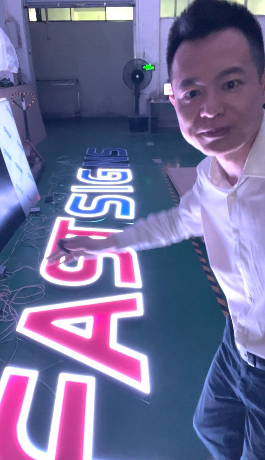 Factory floor inspection and physical scale verification at EndPoint Sign's Guangzhou plant