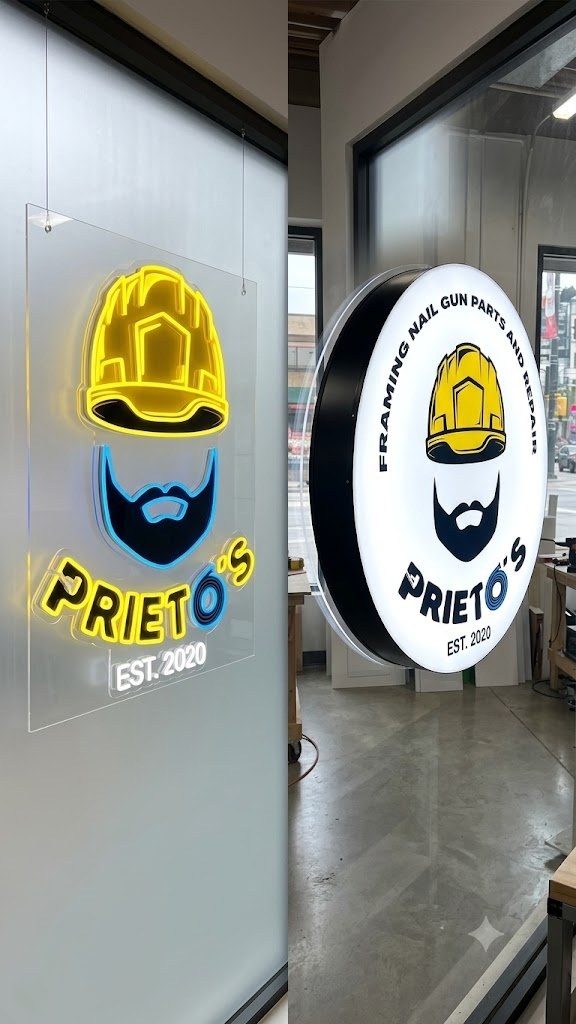 Round logo light box on an interior wall