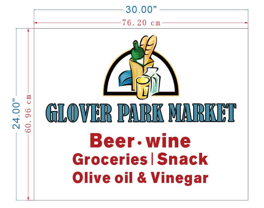 Final approved layout and dimensions for Glover Park Market custom double-sided blade sign Washington DC
