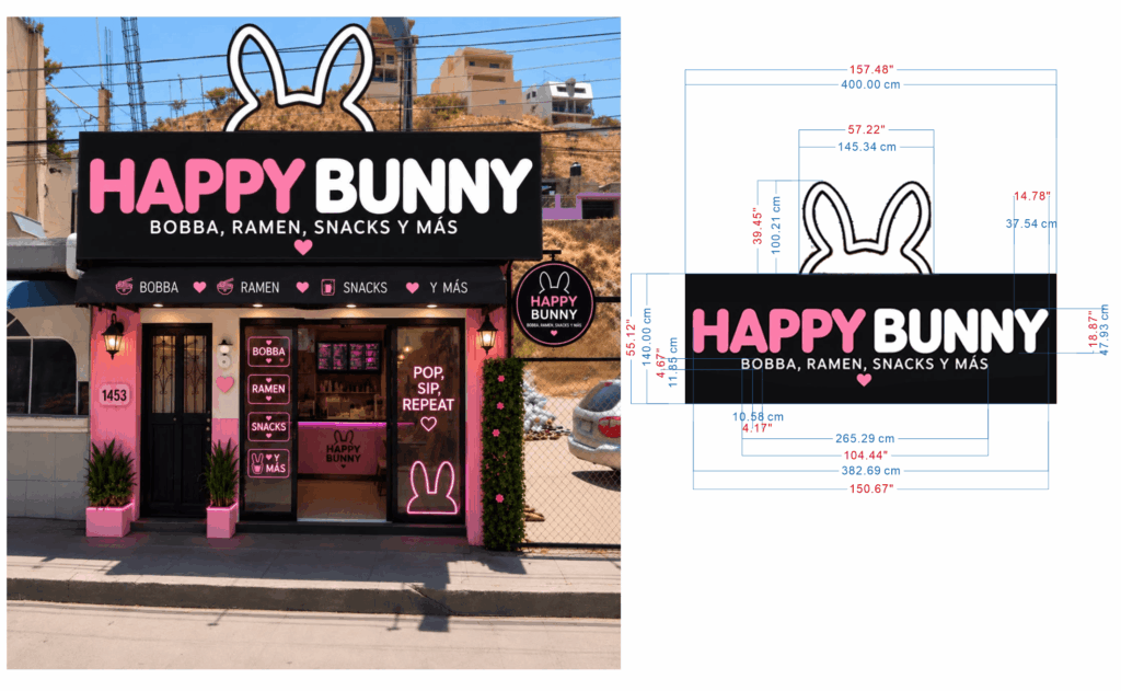 Custom sign mockup placed on a real storefront photo with dimensions