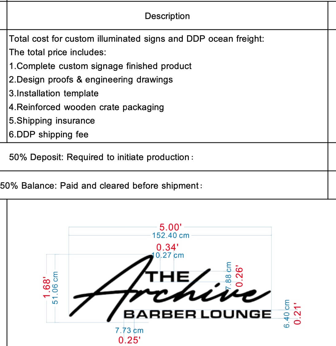 What does a sign quote include - deposit balance and DDP terms